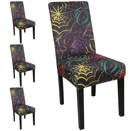 JQinHome Spider Halloween Chair Slipcover,Web Black Chair Covers Set of 4, High Stretch Washable Chair Protector Cover for Dining Room, Kitchen,Home Party,Wedding Ceremony(Spider,4PC)