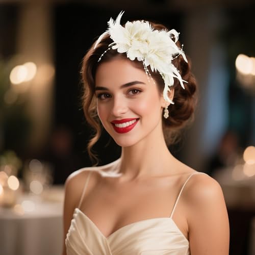 image for Pistha Womens Fascinators Hats Tea Party Hats for Women, Feather Pearl