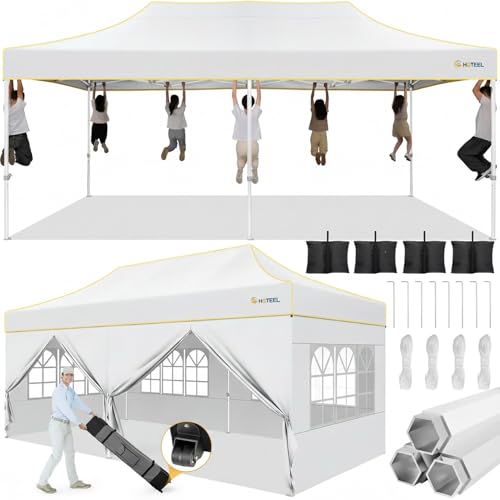Hoteel 10x20 Pop Up Canopy Tent Heavy Duty with 6 Sidewalls, Waterproof Party Tent, Easy Set-up Commercial Instant Tents with Roller Bag & Sandbags, Hexagonal Leg (1-Year Warranty)