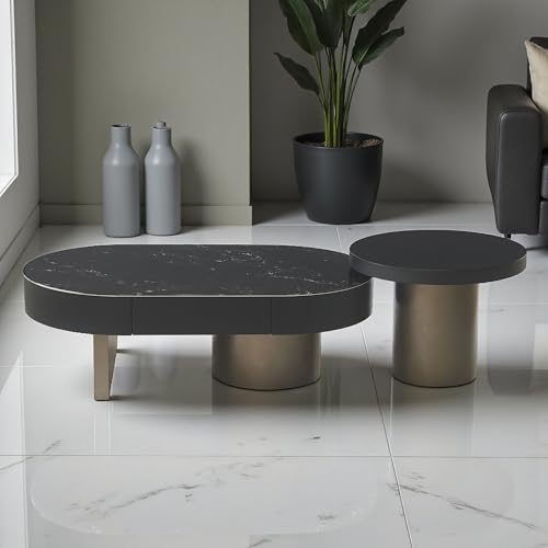 Image of The Attic Noir Luxe Coffee Table Set of 2 | Black Marble Finish | Modern Center & Side Table Combo for Living Room | Metal Base | Stylish Designer Furniture