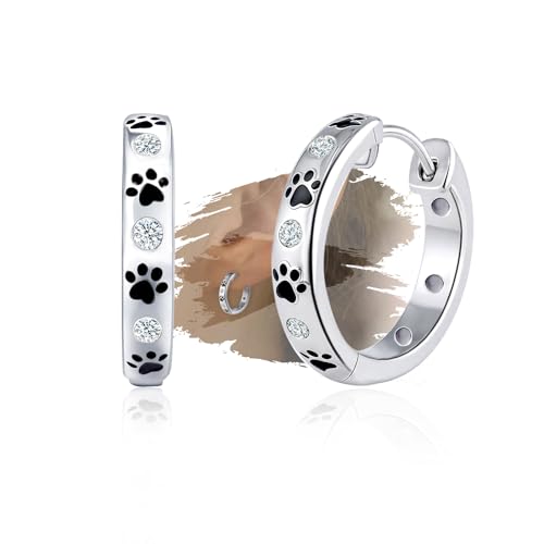 Paw Print Earrings for Women Sterling Silver Cute Pet Puppy Cat Dog Paw Print Hoop Earrings Hypoallergenic Cubic Zirconia Dainty Loop Jewelry Gifts