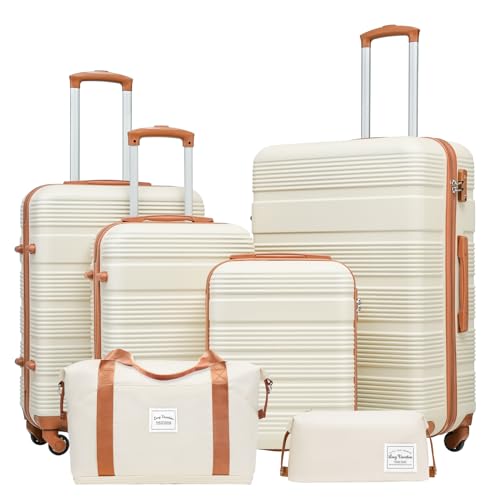 LIGHTWEIGHT 6-Piece Carry-On Luggage Set with TSA Lock - White-Brown Hardshell Suitcase