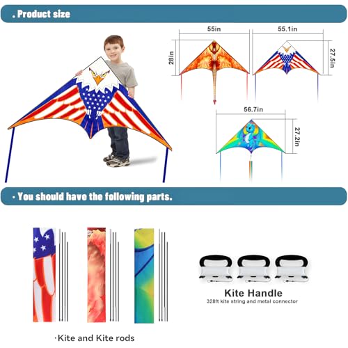 3 Pack Kites for Kids Ages 4-8, 8-12, Large Delta Kites for Adults, Beach, Boys and Girls Kids Easy to Fly, Perfect for Beginners, Gifts for Holiday Easter Festival