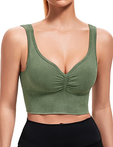 Baydi Sports Bras For Women Seamless Crop Tops Ribbed Tank Tops With Built In Bras Longline Padded Workout Tops Green #TOP4