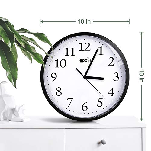 Hippih Black Wall Clock Silent Non Ticking Quality Quartz, 10 Inch Round Easy To Read For Home Office School Clock 2 Pack #TOP1