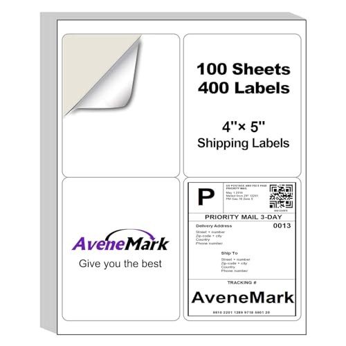 4" x 5" Shipping Labels – 100 Sheets, 400 Labels – 4 Per Page – Compatible with Laser & Inkjet Printers – Permanent Adhesive Address Labels for Shipping, Mailing & Organization