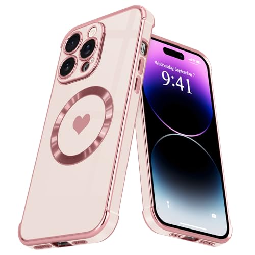 L-FADNUT Magnetic Case for iPhone 14 Pro Max Women Girls Luxury Plating Cute Love Heart Soft Back Cover Full Camera Lens Protection Compabtible with MagSafe for iPhone 14 Pro Max Case Pink