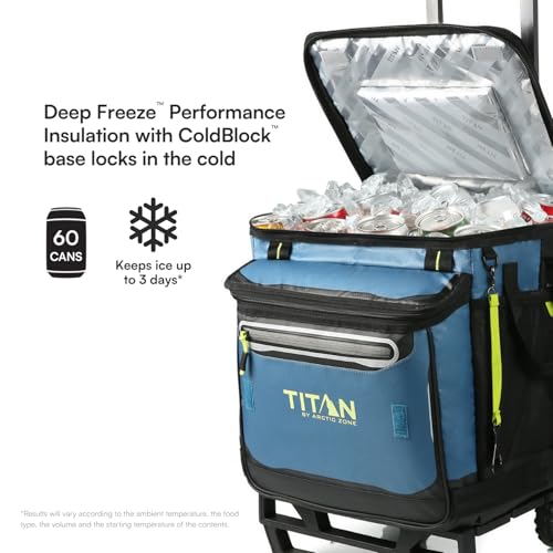 Image of Titan by Arctic Zone 60 Can Wheeled Cooler, Rolling Cart | Collapsible soft sided cooler, detachable rolling AT cart, insulated bag with leak proof lining, for travel, beach, picnic