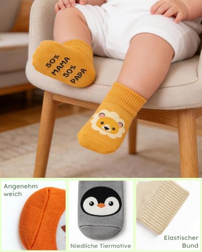 TUZELIYA Baby Socken 0-12 Monate Geschenk Junge Mädchen - ABS rutschfeste Socken Tiermotive mit lustigen Sprüchen - Babysocken Geschenk zur Geburt, Babyparty & als Schwangerschaftsgeschenk