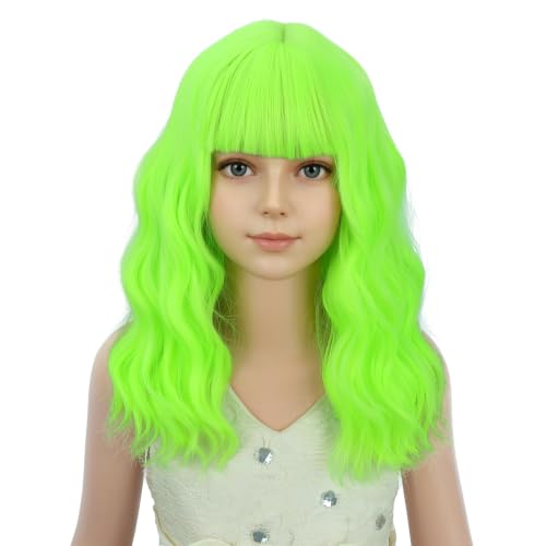 Image of PATTNIUM Neon Green Wig for Girls Kids Short Curly Wavy Wigs with Bangs Light Green Shoulder Length Wavy Heat Resistant Synthetic Wig