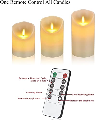 antizer Flameless LED Candles 4\" 5\" 6\" Set of 3 Dripless Real Wax Pillars Include Realistic Dancing Flames and 10-Key Remote Control with 24-Hour Timer Function