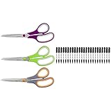 Amazon Basics - Tijeras con mango suave y cuchilla de titanio (20 cm, pack de 3) & Rotuladores permanentes, Negro, paquete de 24