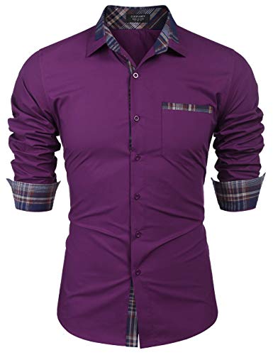 COOFANDY Men s Casual Cotton Long Sleeve Dress Shirt Plaid Collar Button Down Shirt Purple