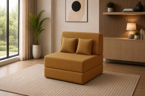 Image of Sofa Cum Bed with Jute Fabric, Convertible One Seater Sofa Bed 3x6 Ft, Comfortable Cushioned Seating, Space Saving Design for Living Room, Bedroom & Guest Room - Golden Color