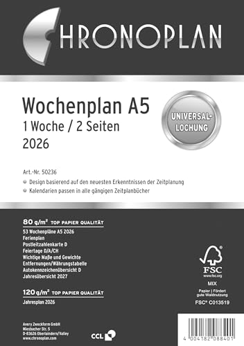 Chronoplan 50236 Kalendereinlage 2026 (Wochenplan A5 (148x210mm) Ersatzkalendarium für Terminplaner, ideal für detaillierte Wochenplanung, 1 Woche auf 2 Seiten in Spalten, mit Universallochung) weiß