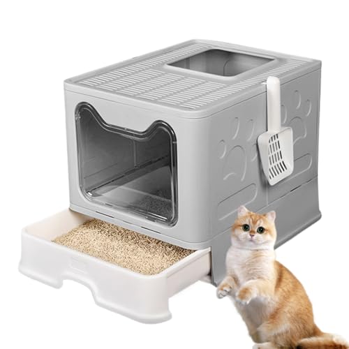 MUL-BOUTIQUE Bac Litière Chat Fermée avec Plaque de Tiroir et Pelle, Maison de Toilette pour Grands Chats et Chatons (51 * 41 * 38cm, Gris)