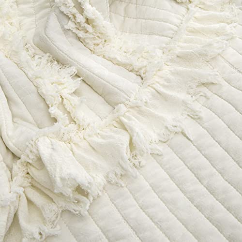 Ultra Soft Pre-Washed Quilted Throw Blanket, Ruffle Fringed Cream Boho Decorative Throw, Stone Washed Chic Rustic Blanket For Sofa Couch Bed Chair, 50"X 60" #TOP2