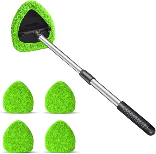 Kit De Nettoyage pour Vitres Carivys –Comprend 5 Tampons en Microfibre Réutilisables, Une Tête De Brosse Pivotante À 180° Et Un Anti-buée Manche Télescopique de 50 CM (Vert)