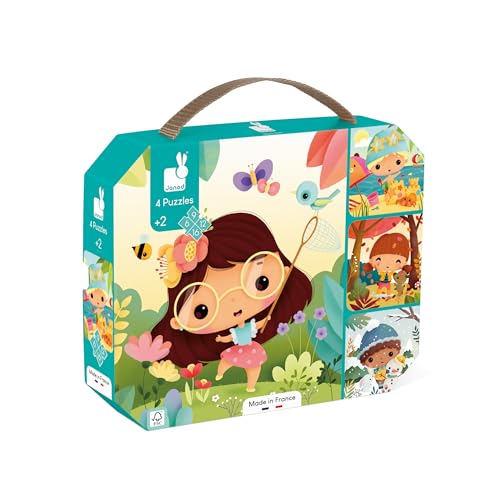 Janod - 4 Puzles Las 4 Estaciones - Puzle Infantil Evolutivo de 6 a 16 Piezas - Ejercita Paciencia y Motricidad Fina - Juego Educativo a Partir de 24 Meses, J02542