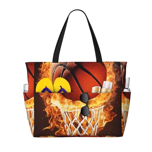 (Basketball) Large Beach Tote Bag for Women Waterproof Sandproof Travel Shoulder Bag with Pocket for Pool Vacation Weekend Gym