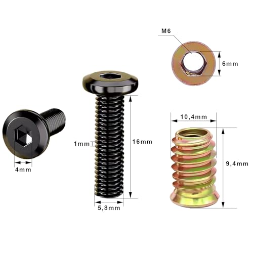 20 Stück M6 x 16 Schrauben, Flachkopfschrauben und Einschraubmutter Sortiment Kit, Gewindeeinsatz Holz, Einschraubgewinde Muttern für Holzmöbel