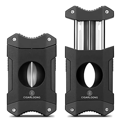 CIGARLOONG Coupe Cigare en acier inoxydable à lame tranchante en V avec support à cigares(Noir)
