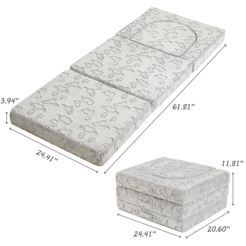 MOMCAYWEX Kids Floor Mattress, Glow in The Dark Toddler Nap Mat for Sleeping Daycare, Tri-Folding Futon Mattress, Grey - Thumbnail 2