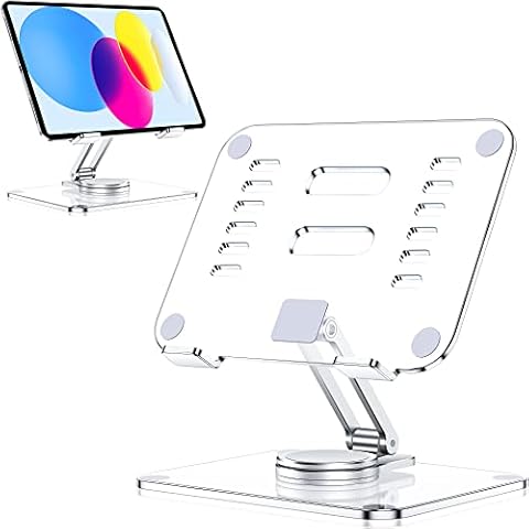 CreaDream Acrylic Tablet Stand Holder with 360 Rotating Base, Foldable Adjustable Transparent Tablet Holder for Desk Home Office, Compatible with iPad Pro Air Mini and More, Clear Cover