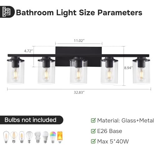Image of Doltoro Black Vanity Light Fixtures, 5-Light Modern Bathroom Lights with Clear Glass Shade, Over Mirror Vanity Lighting