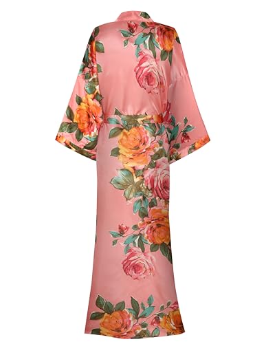 Image of Women Silk Kimono Robe Long Floral Bridesmaids Robes Satin | Wedding Party Bridal Getting Ready Robe Lightweight Dressing Gown Loungewear Sleepwear