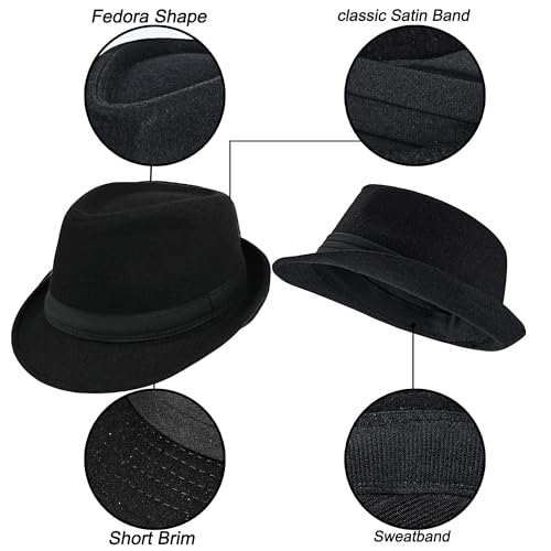 Unisex Classic Manhattan-Gangster-Fedora-Hat Short-Brim Trilby Hat - Women Men Wool Felt Winter Structured Hat with Band(S/M)