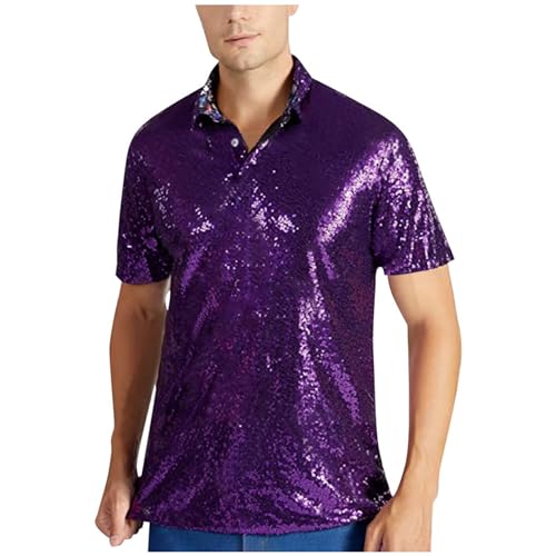 Gefomuofe Camiseta de manga corta para hombre con lentejuelas, color dorado brillante, B Lila, XXXL