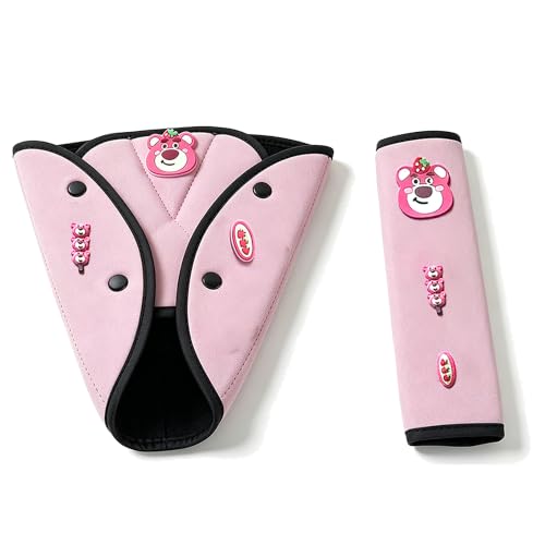 MXHLXRMP Car Seat Belt Holder & Shoulder Protection Set Universal Anti-Neck Seat Belt Cover Pad Cute Soft Seat Belt Cushion for Boys & Girls Belly Protector for Comfortable Travel (Pink)