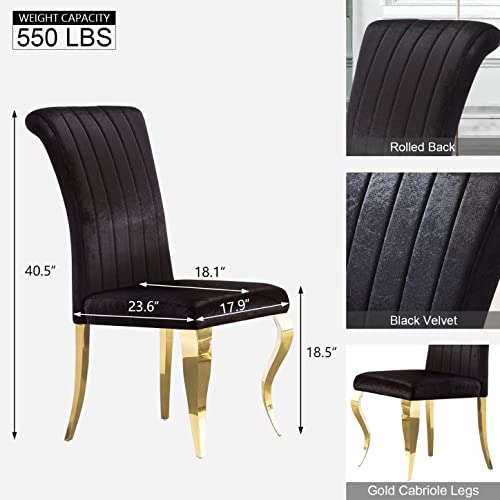 Azhome Dining Chairs Set Of 6, Black Velvet Dining Room Chairs In Gorgeous Channel & Curled Back, Upholstered Dining Chairs With Curved Gold Metal Legs #TOP2