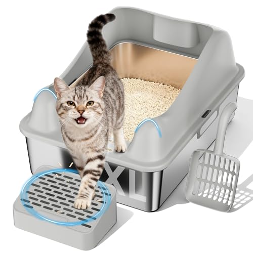 GTPLAYER Stainless Steel Cat Litter Box - XL Extra Large Litter Box for Big Cats, High-Sided Metal...