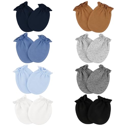 8 Pairs Baby Mittens Unisex, Newborn Mittens No Scratch 100% Cotton Mitten with Soft Elastic Cuff, Newborn Essentials for 0-6 Months Boys Girls (Blue)