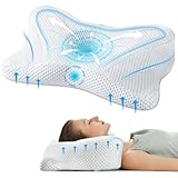 DUMOS Cervical Neck Pillow, Cooling Ergonomic Memory Foam Pillows for Neck Pain Relief with Breathable Pillowcase, Dual Height Orthopedic Support Contour Pillow for Side, Stomach Sleepers, White