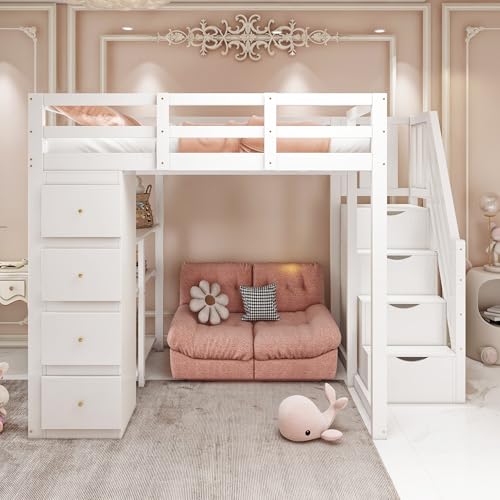 Crlnaup Cama alta de 140 x 200 cm con cajón de almacenamiento, cómoda con estantes, escalera de seguridad con cajones de almacenamiento, cama multifuncional de madera maciza, color blanco
