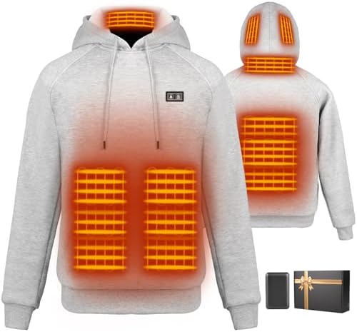 Qdreclod Heated Hoodie for Women Men with Battery Pack 7.4V 16000mAh, Hooded Heated Pullover Sweatshirts 6 Heating Zones (US, Alpha, Large, Regular, Regular, Grey)