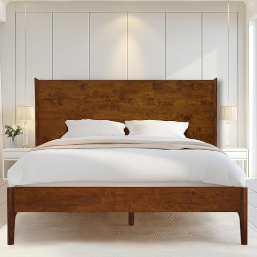 Acacia Haven King Size Bed Frame and Headboard, King Size Platform Bed Frame Scandinavian Wood Bed Compatible with All Mattress Types, 800 lbs Capacity Wood Slats Support, Walnut.