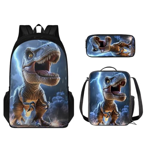 Set di zaini per bambini 3 pezzi grande capacità borsa per la scuola portapranzo per studenti leggera per libri e matite Dinosauro - Blu Taglia unica Zaino per