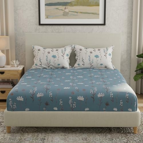 Image of HUESLAND by Ahmedabad Cotton 144 TC Cotton Elastic Fitted Bedsheet for Double Bed with 2 Pillow Covers | 60 x 78 inches