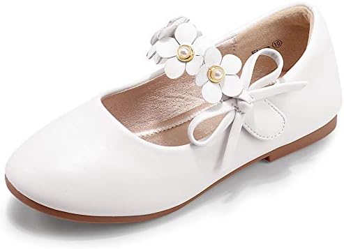 PANDANINJIA Toddler Girls Dress Shoes Flower Girl Flats Pearls Bow Mary Jane Wedding Party White Shoes Flora Size 11