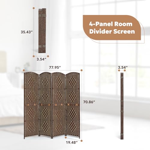 JOSTYLE Room Divider 2-in-1 Multifunction Room Divider Panel, 4 Panel 6FT Folding Wall Divider for Room Separation Portable Privacy Screen Hand-Made Freestanding Room Partition Dividers, Brown