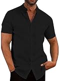 JINLVYI Men Button Down Shirt Cotton Linen Short Sleeve Casual Band Collar Beach Top Breathable Ligh