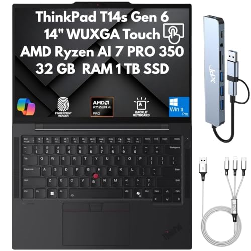 Image of Lenovo ThinkPad T14s Gen 6 AI-Ready Business Laptop 2026, 14 inch WUXGA Touchscreen, AMD Ryzen AI 7 PRO 350 (> Ultra 7 155U), 32GB LPDDR5X RAM, 1TB SSD, Wi-Fi 7, FPReader, IR Cam, Copilot Windows 11 Pro