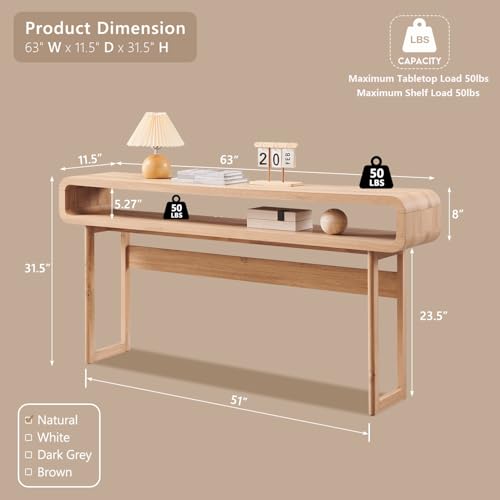 IFGET 63-Inch Long Console Table, 31.5" Tall Modern Entryway Table with Open Storage Shelf, Curved Profile Design, Narrow Wood Sofa Table Behind Couch Table for Living Room, Hallway,Foyer, Natural Oak - Image 3