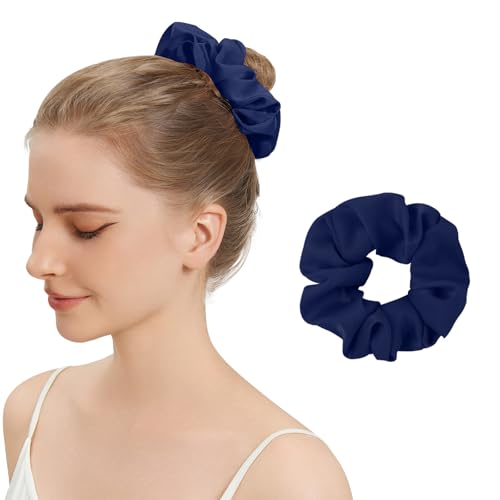 Silk Hair Scrunchies for Women, 100% Mulberry Silk Hair Ties, No Damage for Curly Hair, Large Scrunchie for Sleep, 1-Pack, Dark Navy Blue, L Silk Hair Scrunchies for Women, 100% Mulberry Silk Hair Ties, No Damage for Curly Hair, Large Scrunchie for Sleep, 1-Pack, Dark Navy Blue, L
