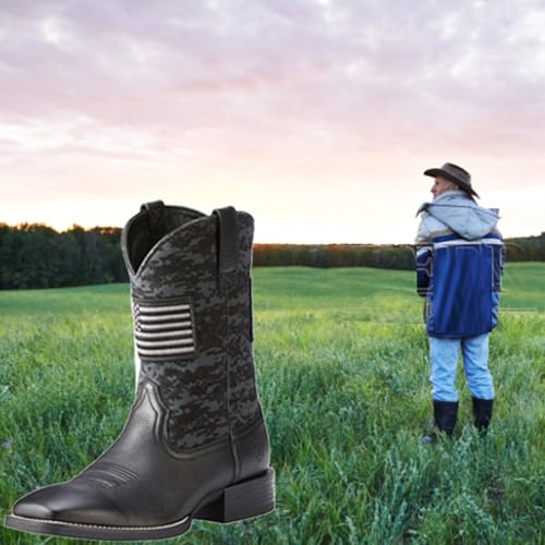 Image of YXCFEWD Square Toe Cowboy Boots for Men Slip Resistant Work Boots Chunky Heel Fashionable Retro Men's Western Boot
