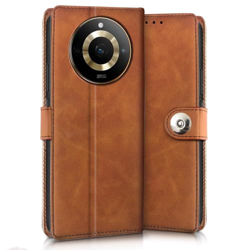 Image of WOW IMAGINE Shock Proof Flip Cover Back Case for Realme Narzo 60 PRO | 11 PRO | 11 PRO Plus 5G (Magnetic Button Flip Case | Wallet Pockets & Stand | Leather Finish | Alder Brown)